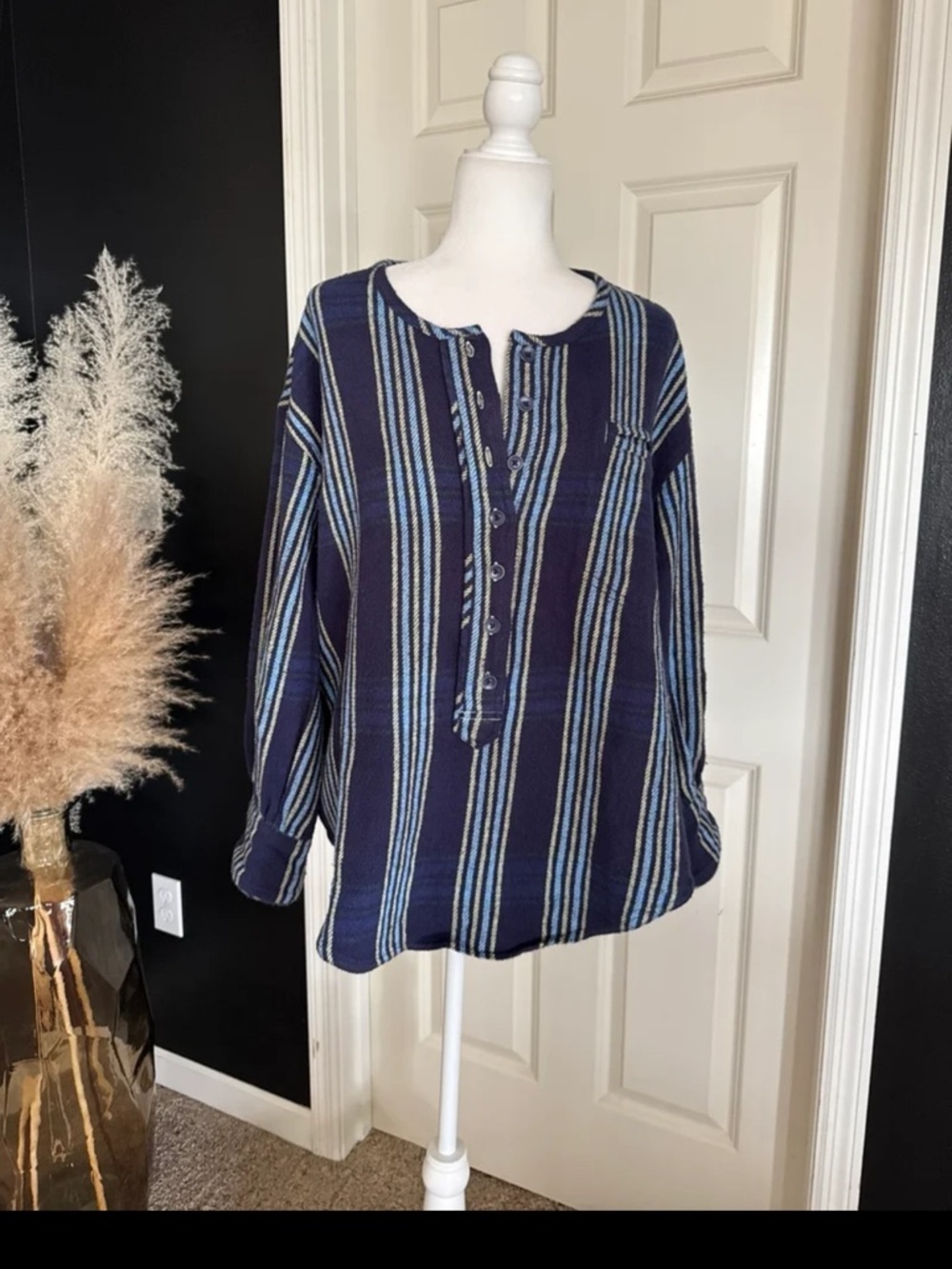 FREE PEOPLE We The Free Denim Dreaming Pullover in Blue Stripe oversized Small - Picture 2 of 12